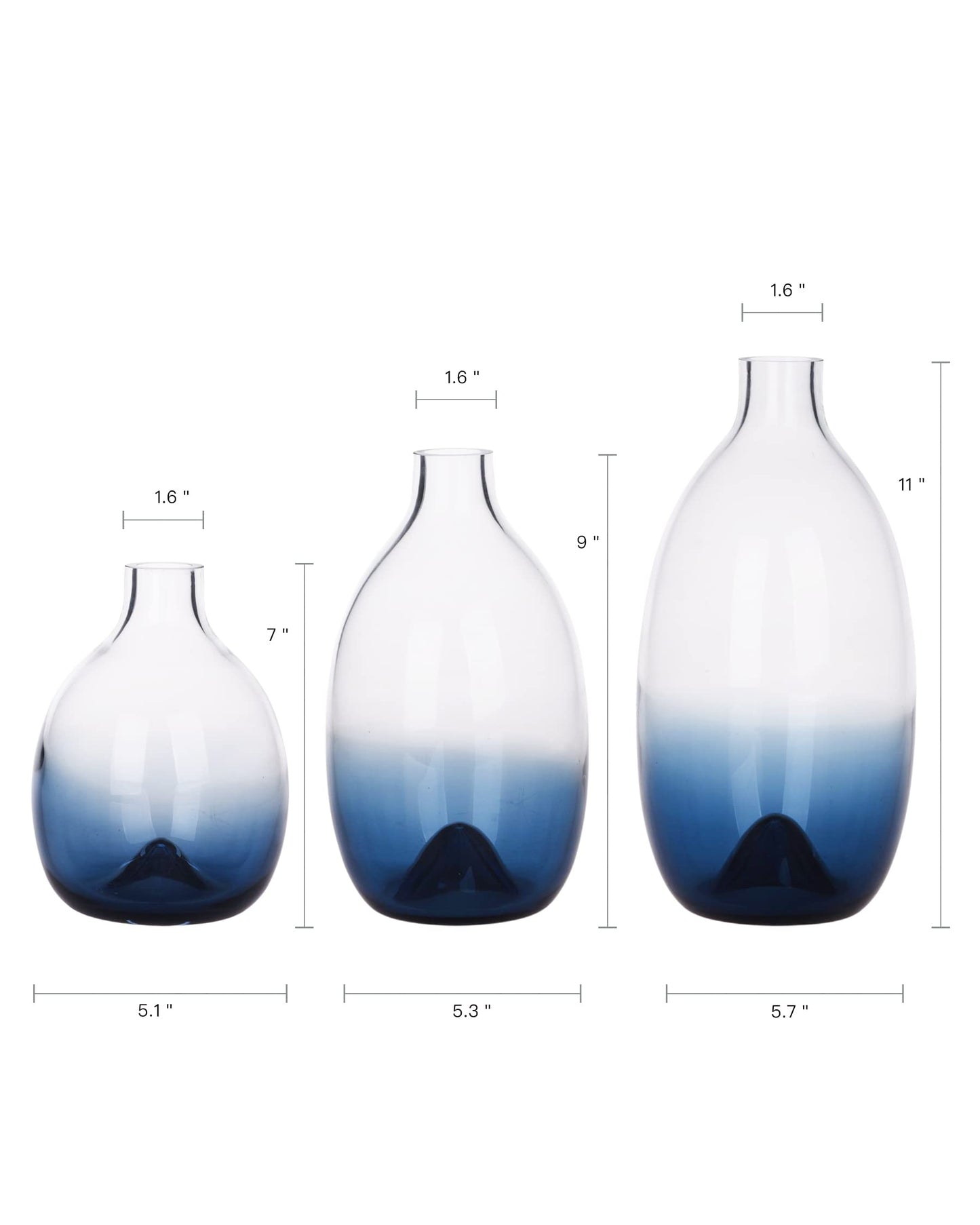 CONVIVA Glass Vase Set Modern Blue Glass Flower vases Decorative Large Home Decor Living Room Dinning Table,Wedding Party Event Tall Tabletop Set of 3
