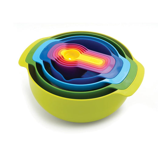 Joseph Joseph Nest 9 Plus, 9 Piece Compact Food Preparation Set with Mixing Bowls, Measuring cups, Sieve and Colander, MultiColor