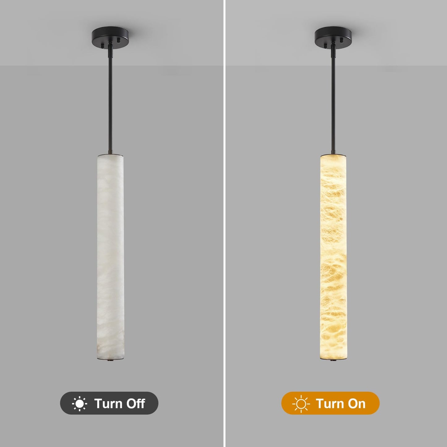 LMQNINE Natural Alabaster Pendant Lights White Marble 24" Long Tube Adjustable Boom Chandelier Modern 3000K Black Ceiling Light for Kitchen Island Bedroom Dining Room Living Room Hallway(M-2Pack)