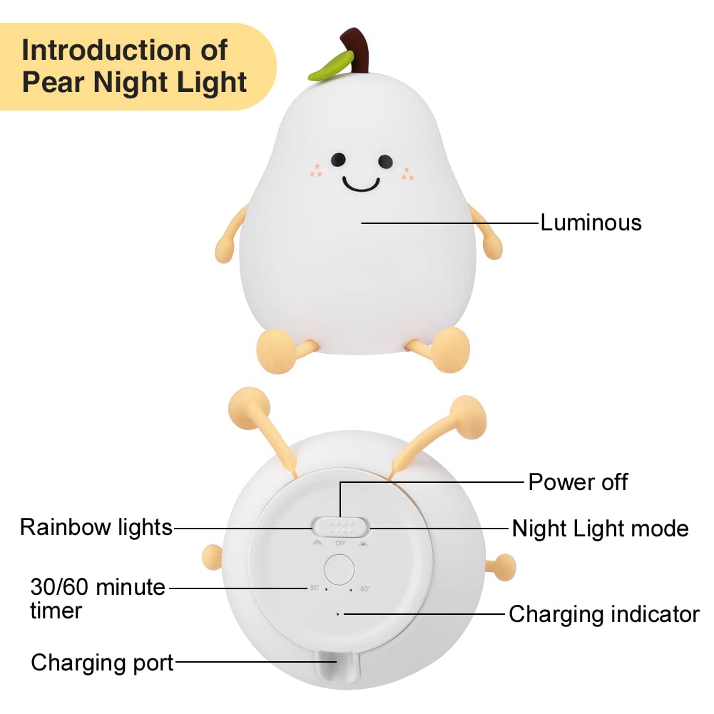 LED Cute Pear Night Light, Rechargeable Silicone Fruit Night Lamp, Kawaii Bedside Lamp, 2 Modes (Warm Light/Multicolor), 30/60 Min Timing, Eye-Protection Portable Nursery Lamp