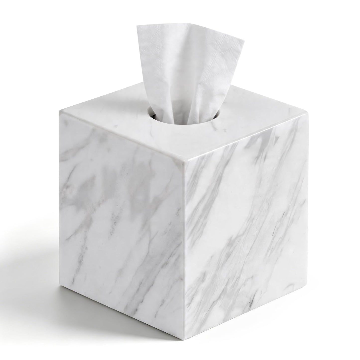 Mylvrek Natural Marble Tissue Box Cover, Square Cube Facial Marble Napkin Holder with Open Bottom, Decorative Marble Tissue Dispenser for Bathroom Countertop, Office Desk, Dining Table (White)