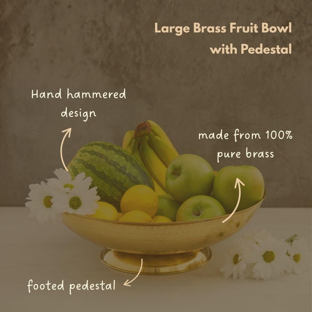 Cook Eat Serve Craft Fruit Bowl with Pesdestal for Kitchen Counter, Decorative Bowl, Copper, Brass (Brass Large)