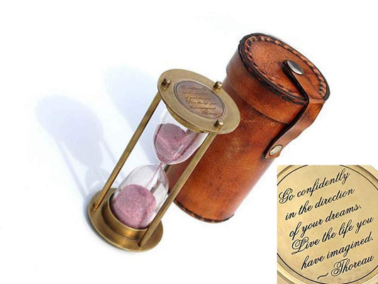 Brass Hourglass with Inspirational Quote by Thoreau | Timeless Sand Timer with Premium Leather Case | Elegant Vintage Home Decor & Gift | Antique Look | Nautical Graduation Collectible