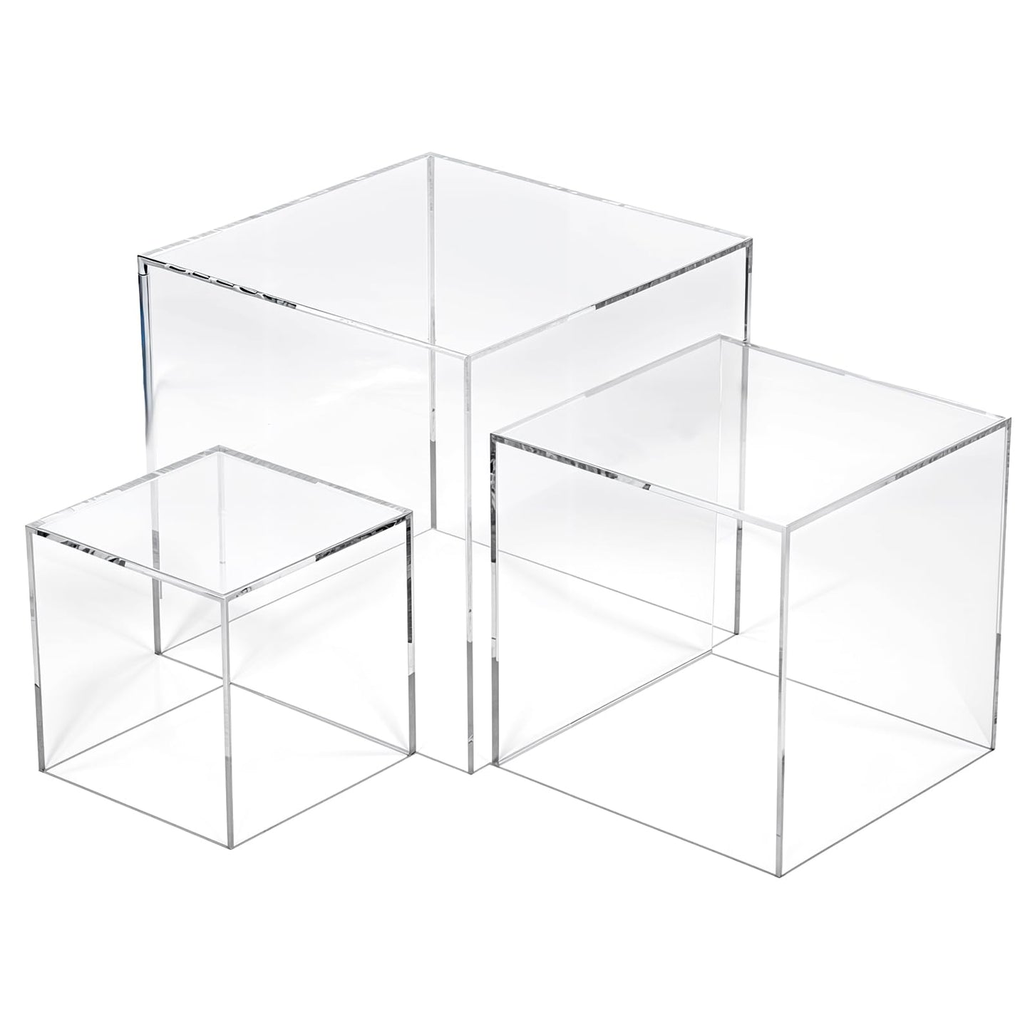 3 Pcs Acrylic Boxes for Display, 3" 4" 5" Small Square Clear Acrylic Cube with Hollow Bottoms, Nesting Riser Display Stand Shelf Food Risers for Buffet Table Dessert Collectibles Jewelry Figures Show
