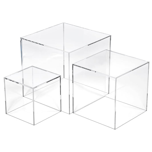 3 Pcs Acrylic Boxes for Display, 3" 4" 5" Small Square Clear Acrylic Cube with Hollow Bottoms, Nesting Riser Display Stand Shelf Food Risers for Buffet Table Dessert Collectibles Jewelry Figures Show