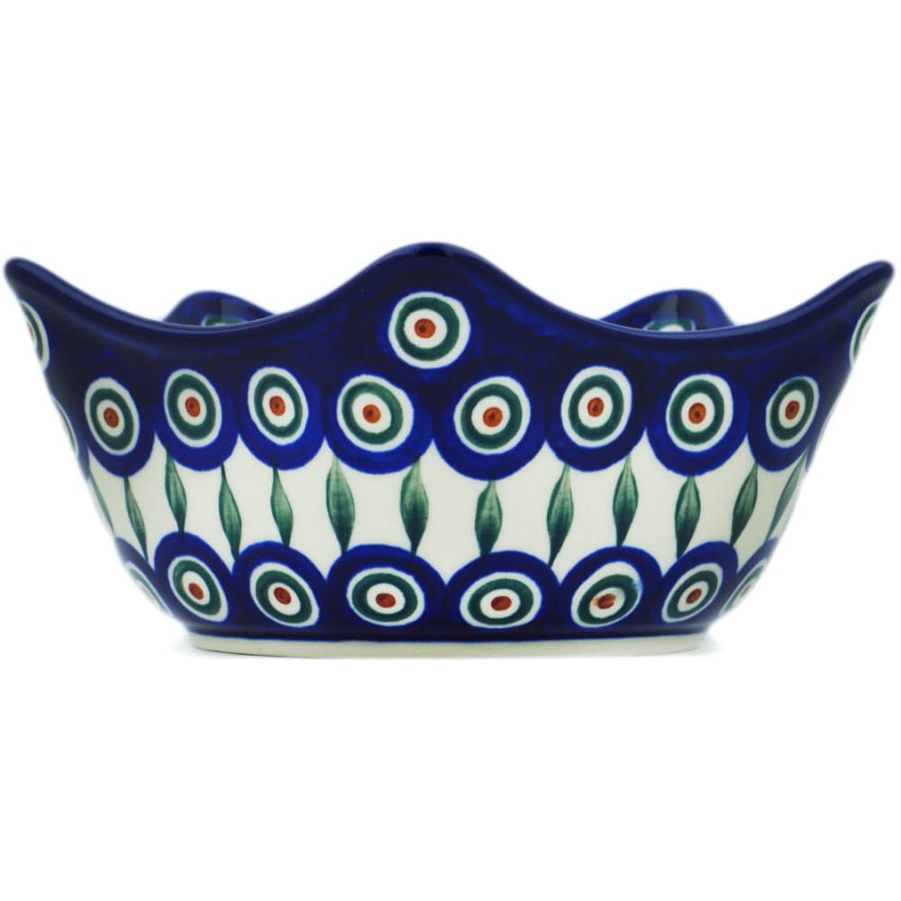Polmedia Polish Pottery Star Shaped Bowl 7-inch - Peacock Leaves Pattern Handmade in Boleslawiec Poland by Ceramika Artystyczna + Certificate of Authenticity