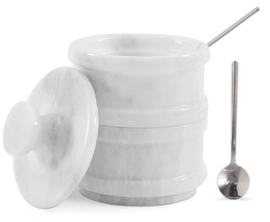 Radicaln Handmade Marble White 5.5” Dual Salt Cellar & Brown Sugar Keeper – 2.3” Each Herb Jar Salt Dish Kitchen Accesorries – Ideal For Jewelry, Butter, Sugar & Home Décor