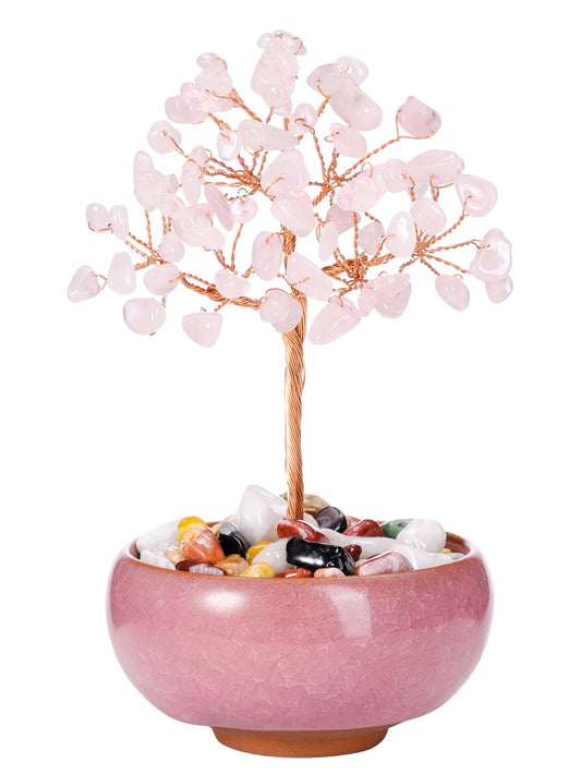 GEHECRST Rose Quartz Crystal Tree Natural Healing Crystals Gemstone Tree with Ceramic Base Handmade Stone Feng Shui Bonsai Money Trees for Wealth Good Luck Home Office Decor Crystal Gifts