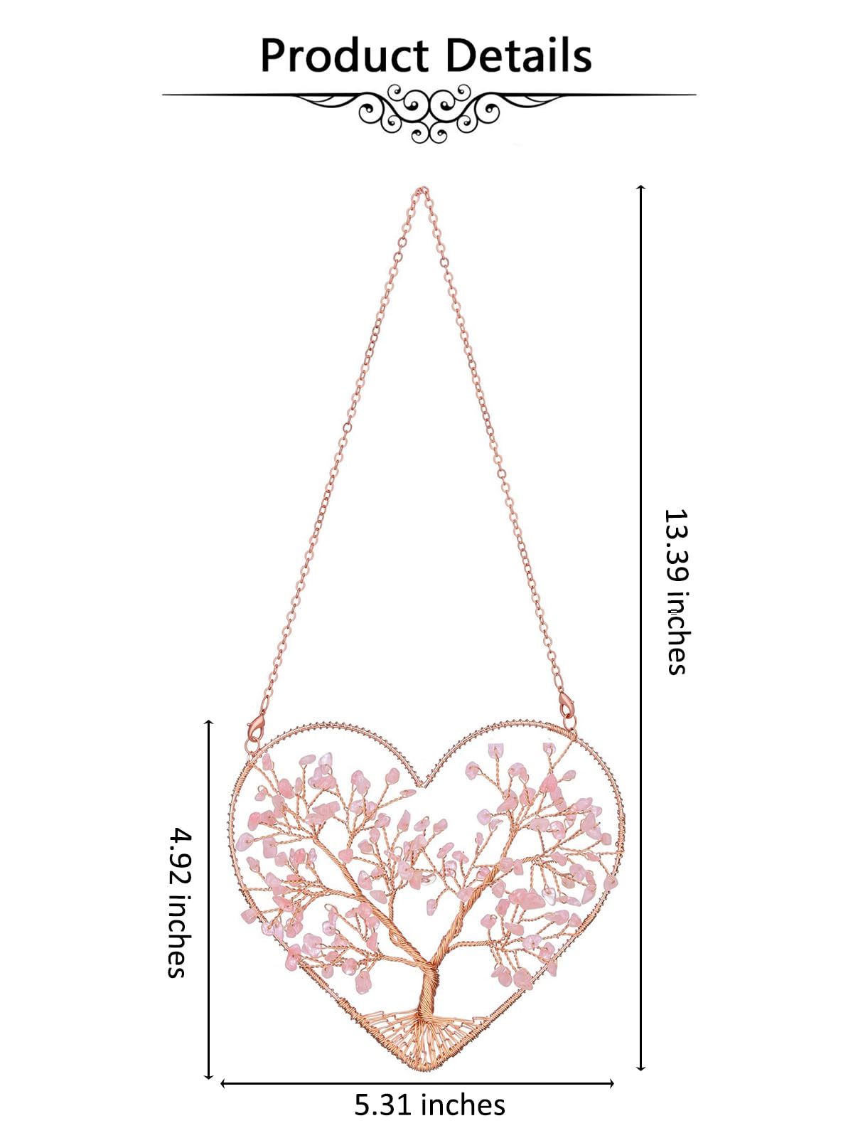 Jovivi Rose Quartz Heart Crystal Tree Hanging