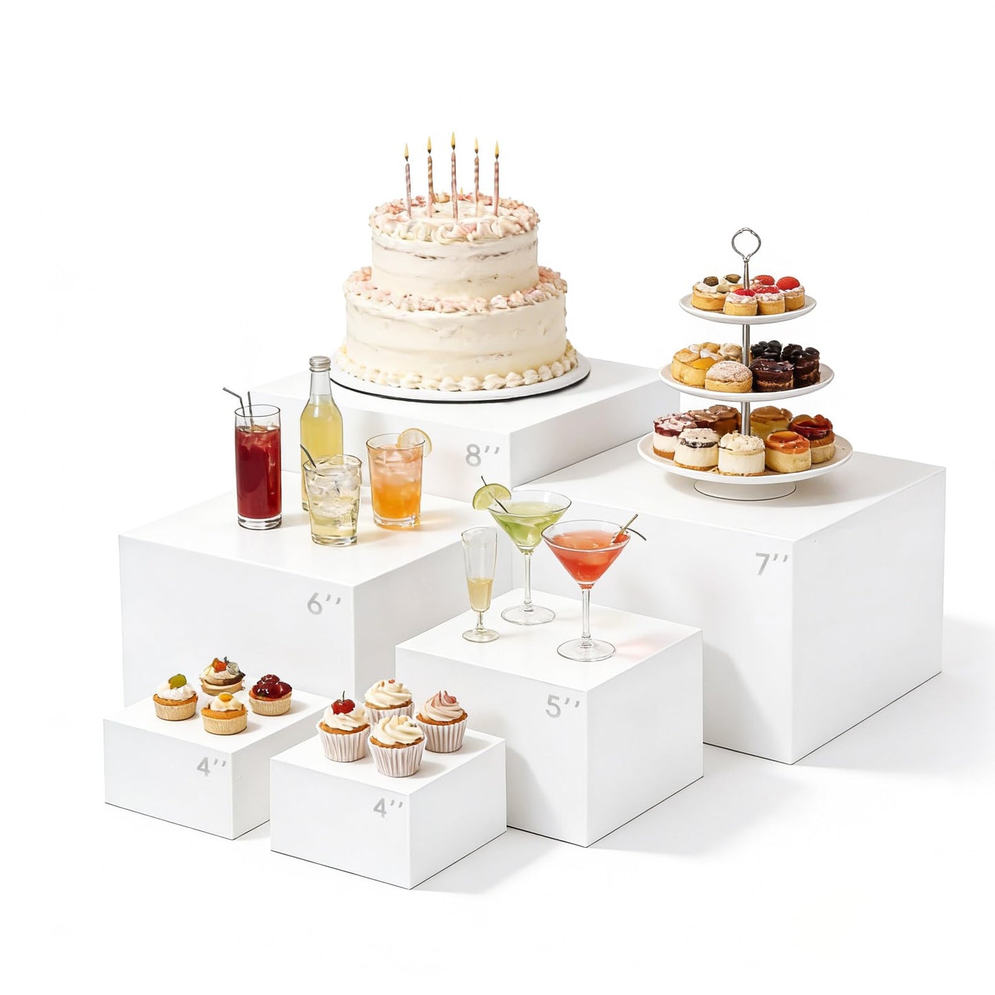 NECGNIQ Dessert Table Display Set,6pcs Buffet Risers,Dessert Table Display Set,White Buffet Risers,Acrylic Boxes For DisplayWhite,DessertTable DisplaySet,Cube Boxes NestingRisers(8"-7"-6"-5"-4"-4")