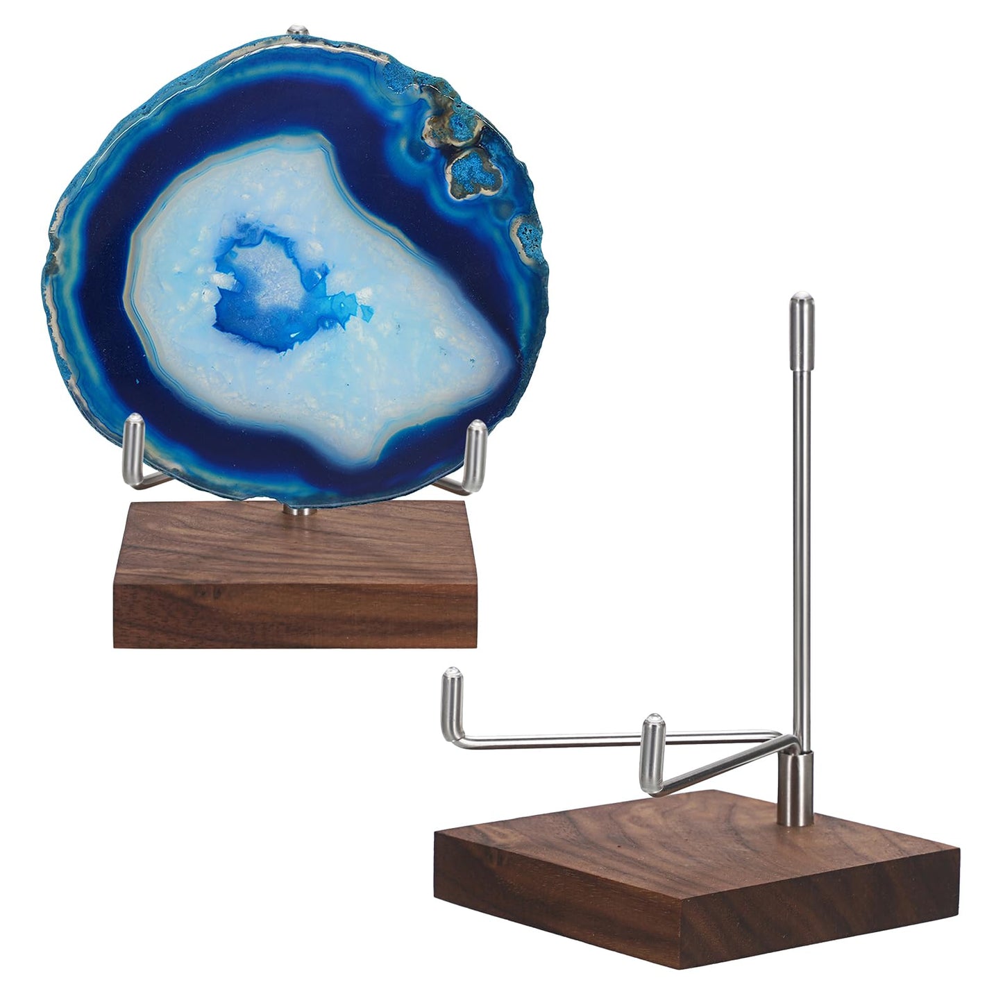 Hipiwe Rock Display Stand with Wooden Base Adjustable Metal Arms Display Stand Easel for Geode Mineral Agate Gemstones Fossils Plate and Photo,3.1"x3.1"x5"