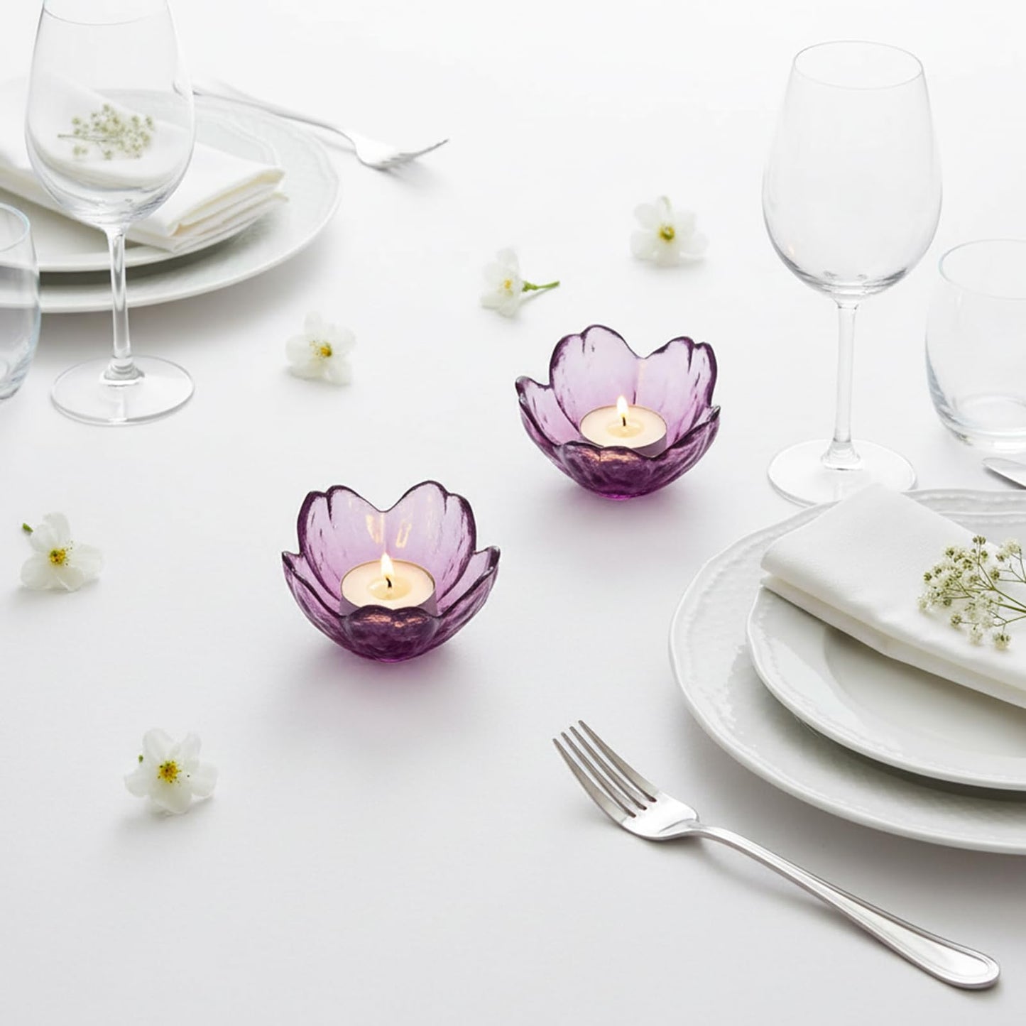 BIHOIB Glass Flower Tealight Candle Holders, Crystal Purple Pillar Candlestick Holders for Table Centerpieces, Wedding and Dinner Party (2, Crystal Purple)