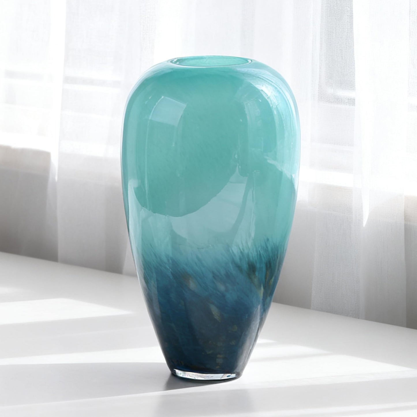New Chinese Style Gradient Peacock Feather Glass vase (Turquoise Blue, 11 in)