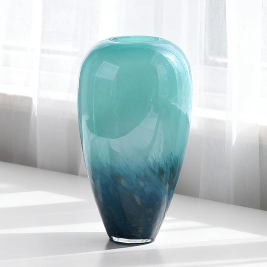 New Chinese Style Gradient Peacock Feather Glass vase (Turquoise Blue, 11 in)