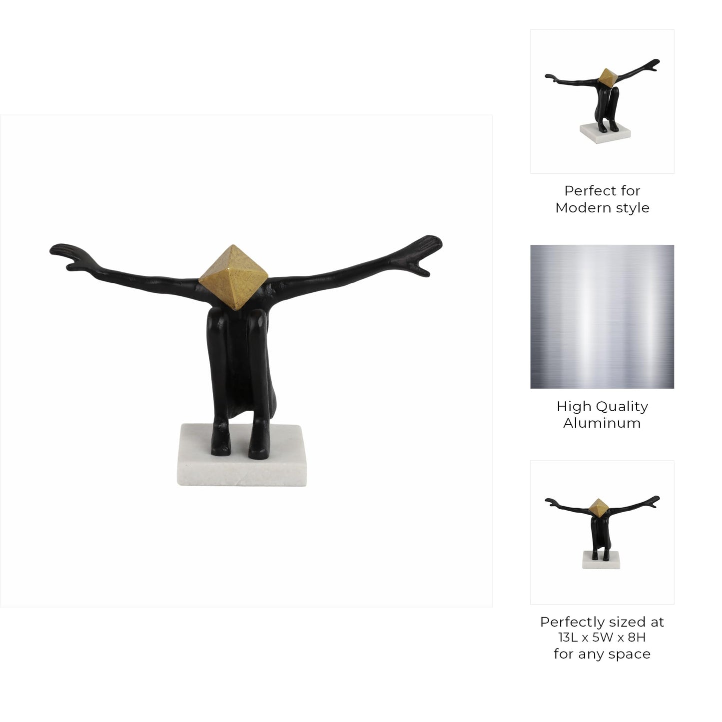 Modern Home and Office Statue for Living Room – Abstract Metal and Marble Figurative Sculpture with Pyramid Head – Elegant Accent for Bedroom, Bathroom, Coffee Table, and Shelf Decor – 8" Black & Gold