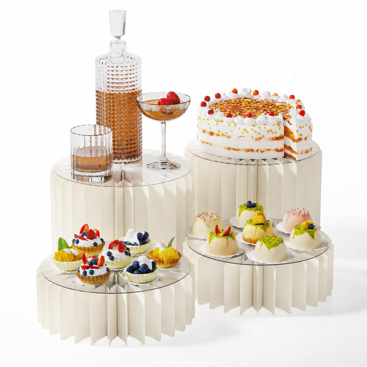 HeiMma 4 Pack Buffet Risers, FOLDABLE Accordion Food Display Risers for Dessert Table,Dessert Table Display Set, White Cardboard Cylinder Cake Cupcake Stands for Party, Multi-height, 12in Round
