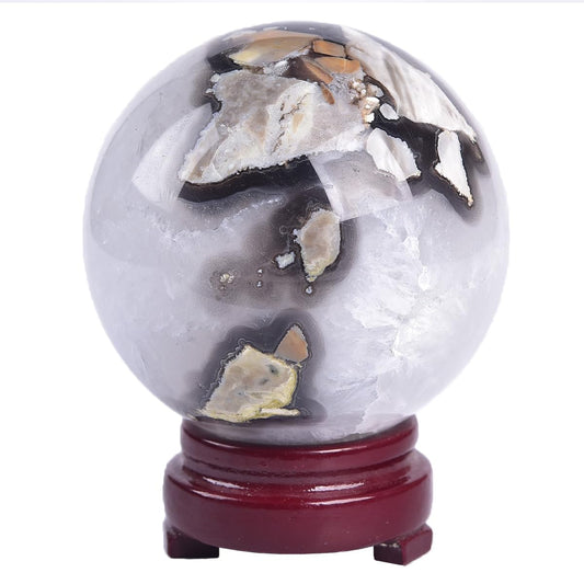 JIC Gem 2.7-3.1 inch(70-80mm) Large Volcanic Agate Crystal Sphere Quartz Crystal Ball with Stand Healing Ornament Witchcraft Meditation Decor