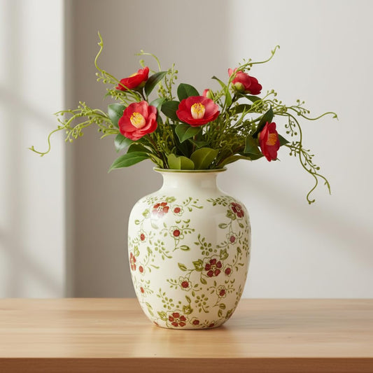 Wancetang Green and White Floral Vase for Flower, 7 Inch Vintage Ceramic Vase for Home Decor, Office Table, Bedroom, Vintage Shelf, Windowsill, Nightstand Decor