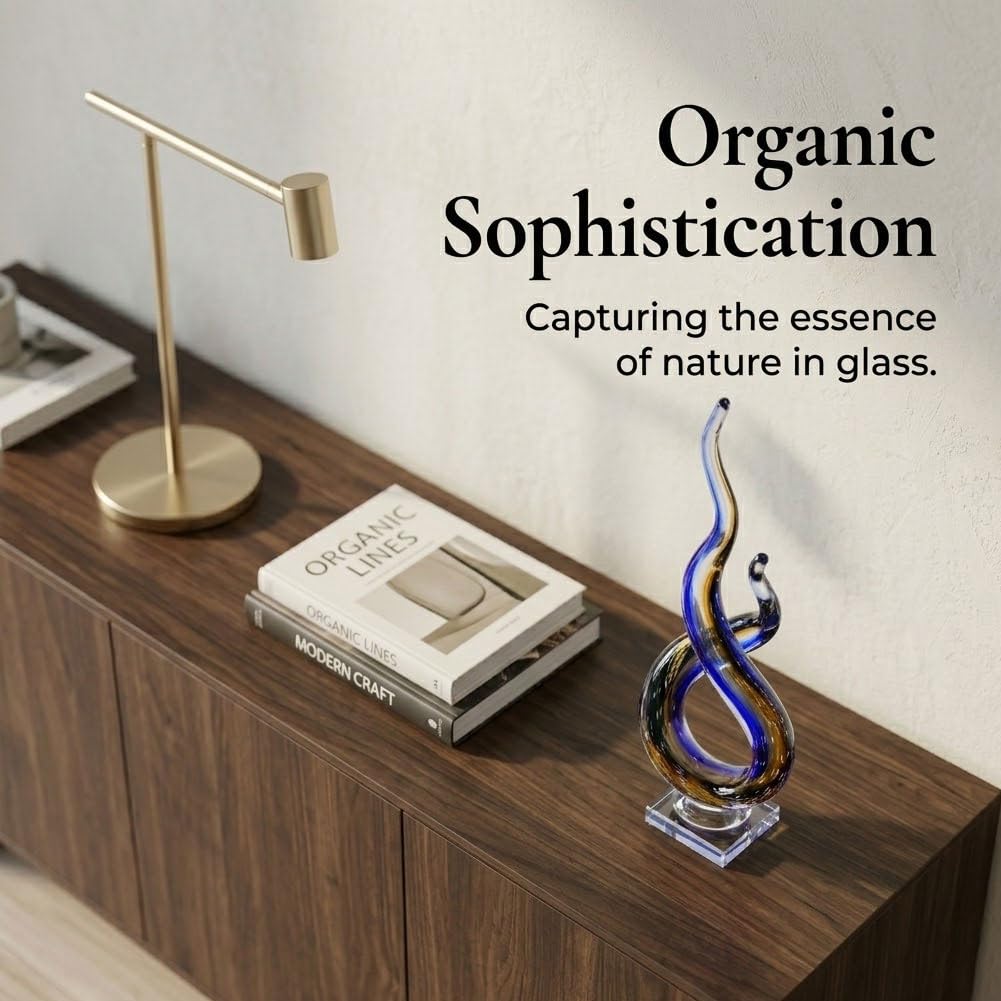 QIANLING 18.1 Inch Glass Wave Sculpture, Hand Blown Abstract Glass Figurine, Tall Decorative Glass Sculpture for Living Room Shelf, Mantel, Bedroom, Tabletop, Office and Home Decor Accent