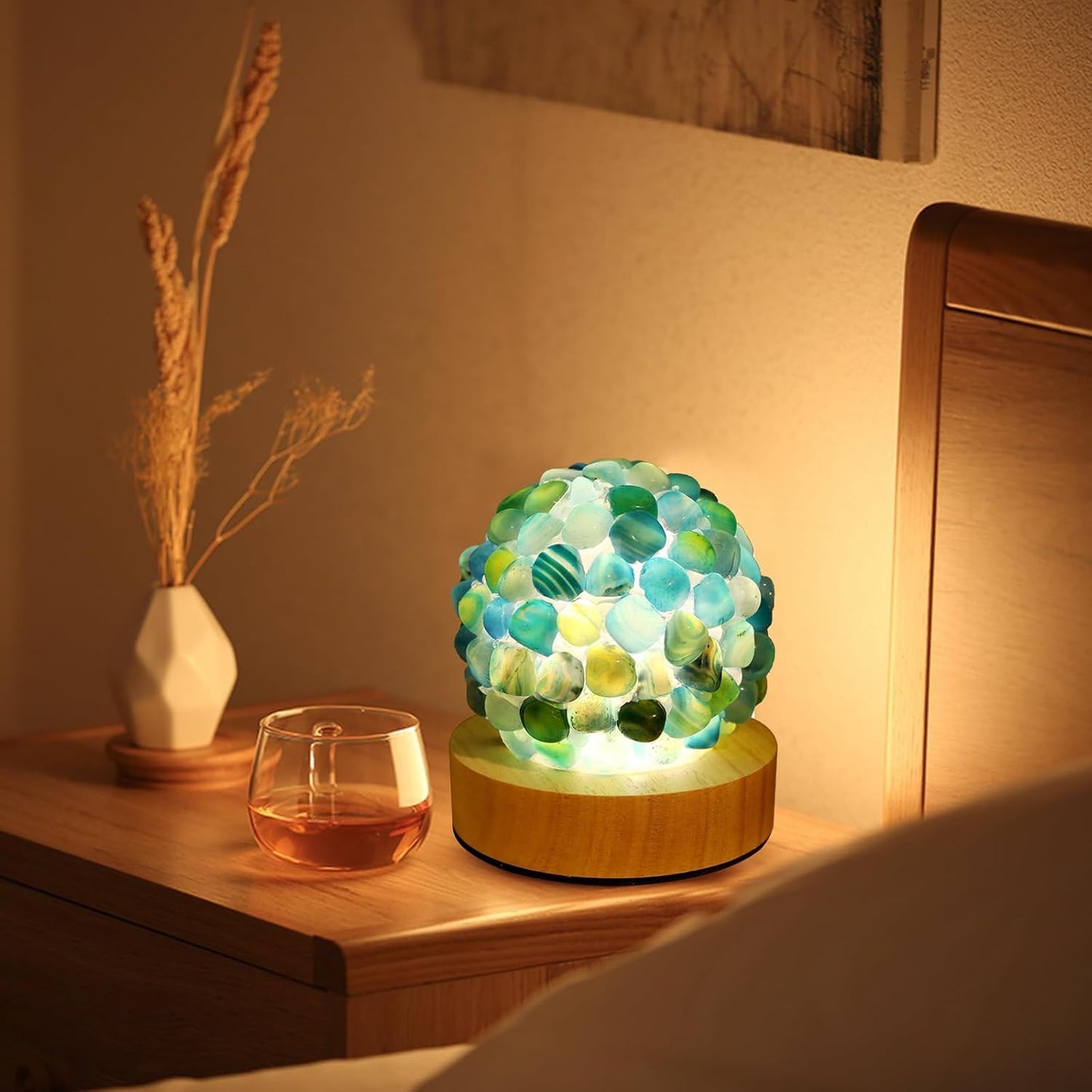 Nizrsky Blue Agate Lamp,Healing Crystals Night Light with Wooden Baseor for Yoga Balance, Reiki Healing, Meditation,Small Tiffany Ball Table Lamp for Bedroom Living Room