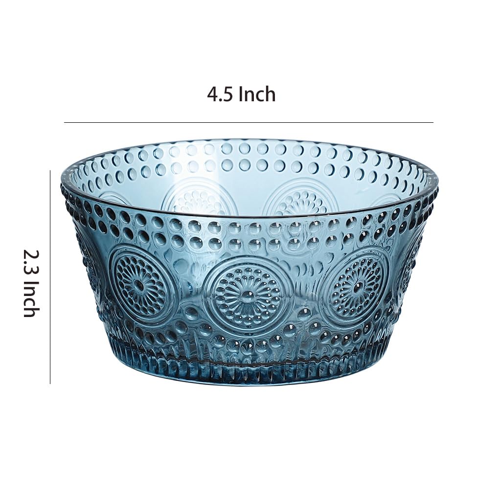 WAIT FLY Embossed Sunflower Glass Bowl Salad Bowl Candy Dish, 11 OZ-Blue