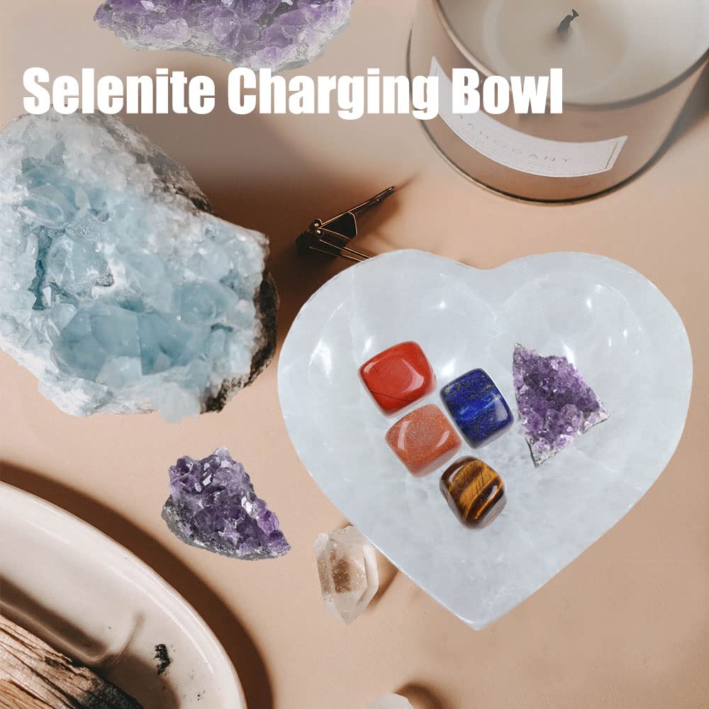 JIC Gem 5.5" Hand Carved Selenite Bowl Heart Shape Moroccan Selenite Crystals for Cleansing, Charging, Decoration or Gift