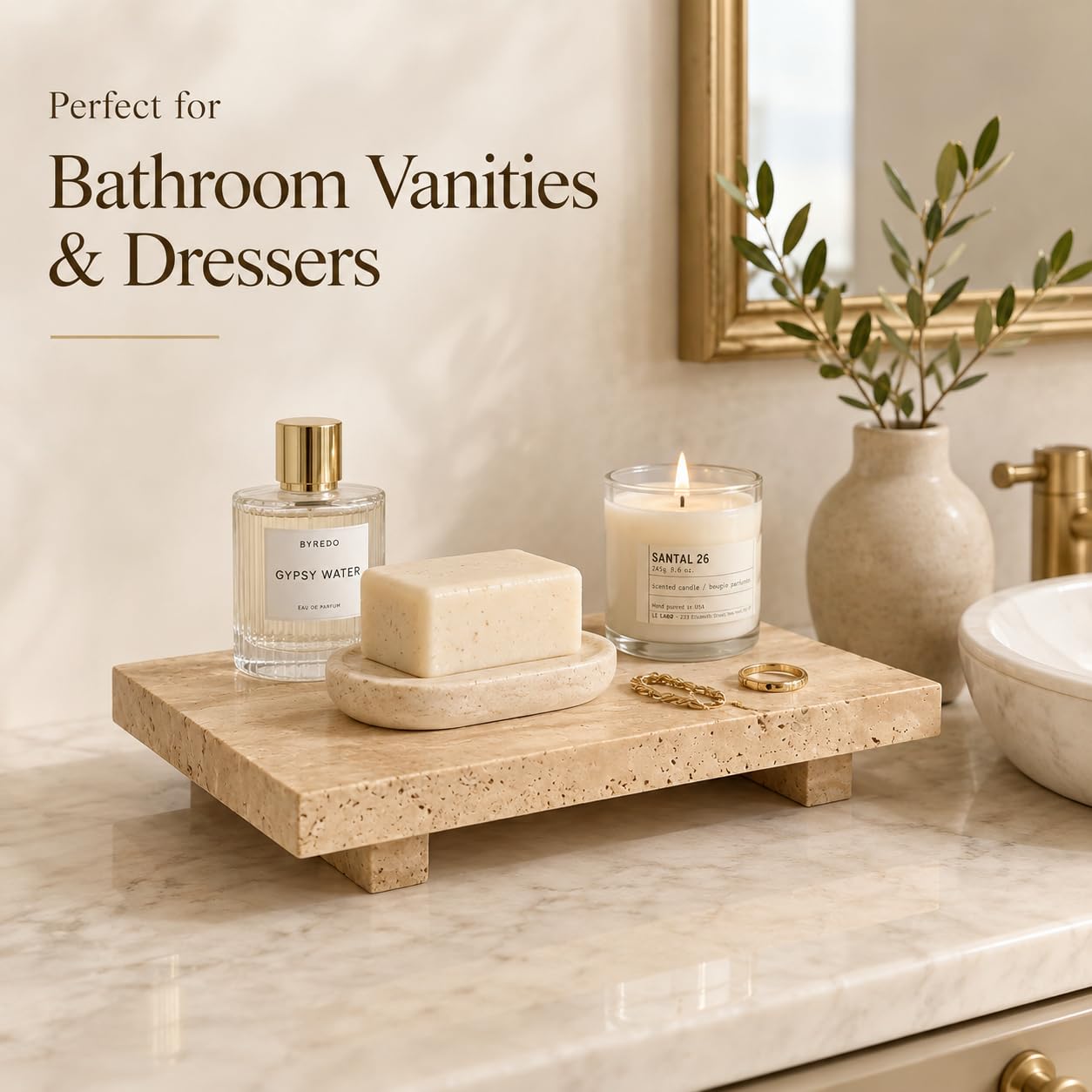 Natural Travertine Pedestal Tray, Stone Vanity Riser for Soap, Perfume, Jewelry and Candles, Decorative Bathroom Counter Tray