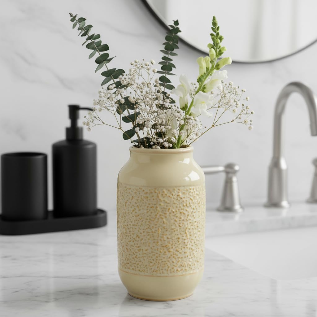 Wancetang Beige Ceramic Vase for Flowers - 9 Inch Textured Cream Vase for Pampas Grass, Modern Farmhouse Vases for Home Decor, Table Centerpiece, Shelf, and Mantle Decor