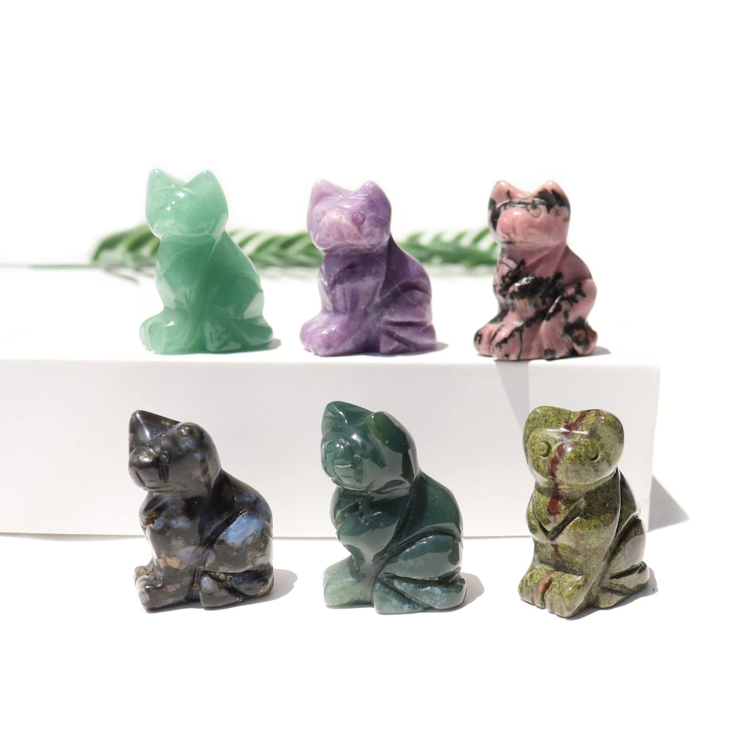 Wemeki Gemstone Cat Figurine Mix 6PCS, Crystal Sitting Kitten Healing Carved Lucky Animal Carving for Home Decor 1.5''