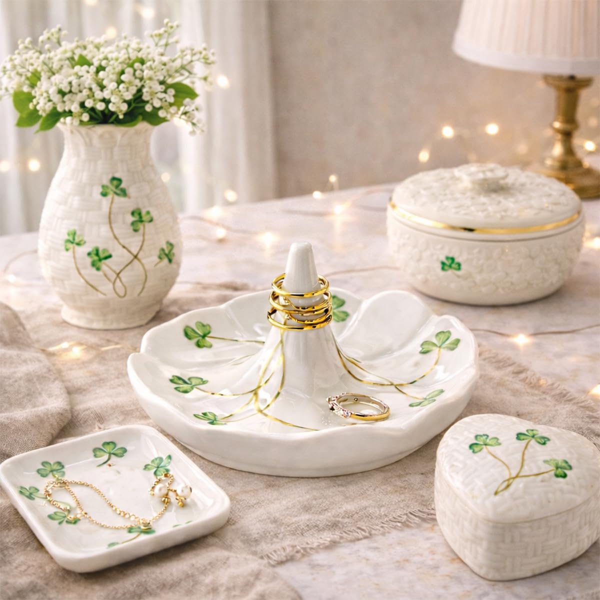 Belleek Classic Shamrock 4.4-Inch Ring Holder Dish, Handcrafted Parian China Jewelry Tray, Irish Decor, White
