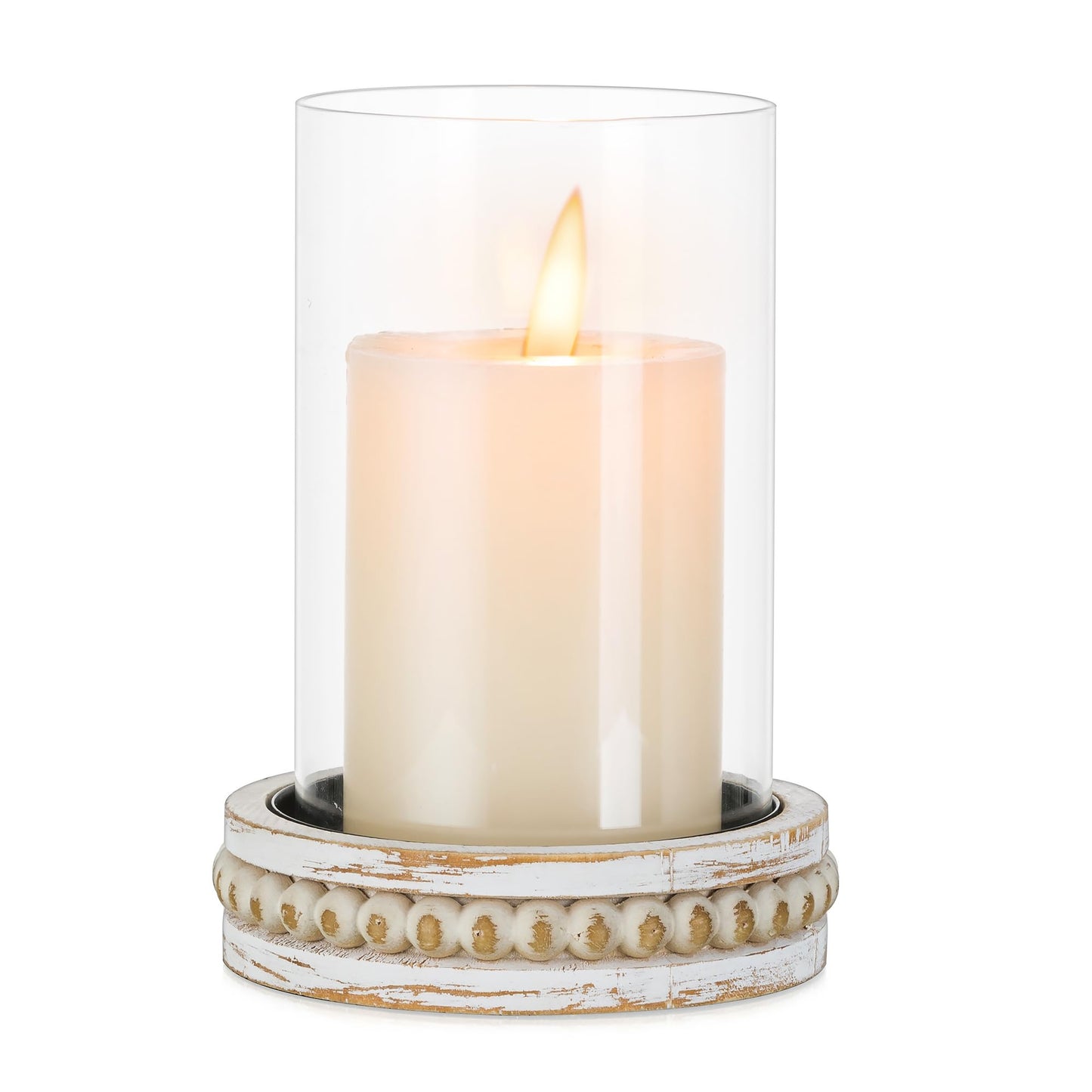 Glasseam Glass Hurricane Candle Holder, Decorative Candle Holders for Pillar Candles, Boho Candle Holders for Table Centerpiece, Glass Cylinder With Wood Beaded Candle Plate for Dining Room Decoration
