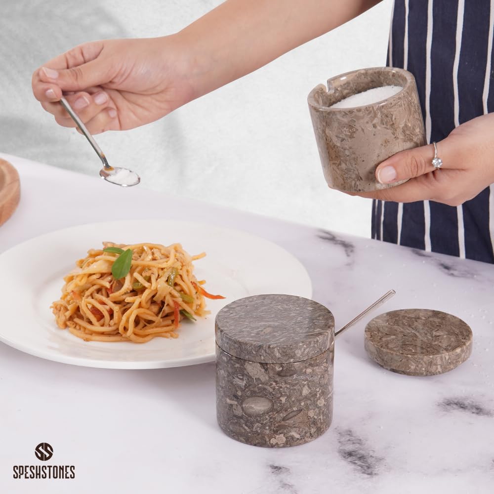 SPESHSTONES Marble Salt Cellar Set of 2 Handmade Stone Salt and Pepper Containers with Lid and Spoon - Marble Salt Box & Spice Jars, Sugar Bowl, 5.2 Oz Salt Holder for Countertop and Table