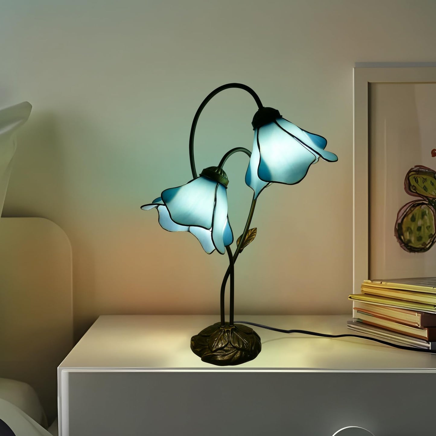 VirtueKing Blue Lotus Stained Glass Lamps Double Headed Desk Lamp 2-Light Tiffany Table Lamp 8" Wide 24" Tall Tiffany Style Table Lamp LED Bulb Included
