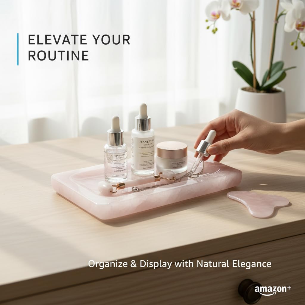 Lierlava Large Natural Rose Quartz Crystal Tray - 9.8" Pink Stone Jewelry Dish & Aesthetic Cosmetic Organizer - Luxury Decorative Catchall for Vanity, Bathroom, Nightstand Decor