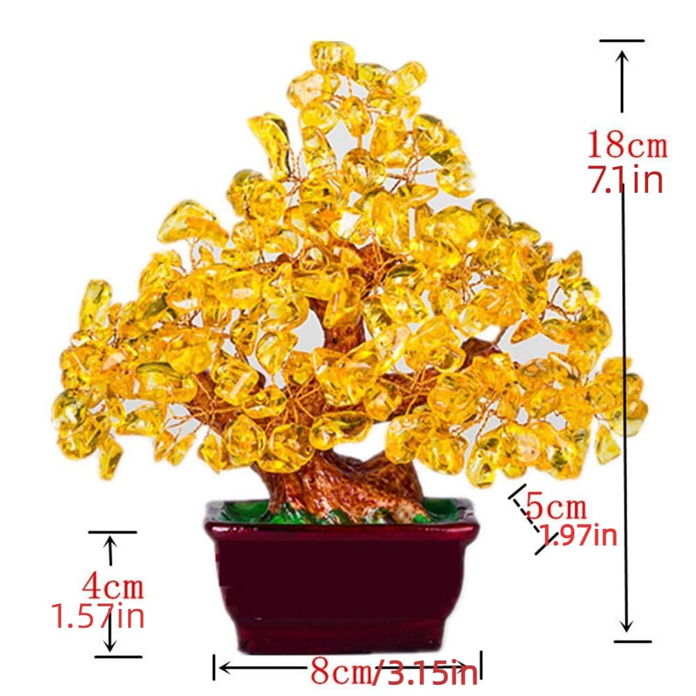 Feng Shui Natural Yellow Quartz Crystal Money Tree Tabletop Decor Statue Bonsai Feng Shui Gem Decoration for Wealth and Luck