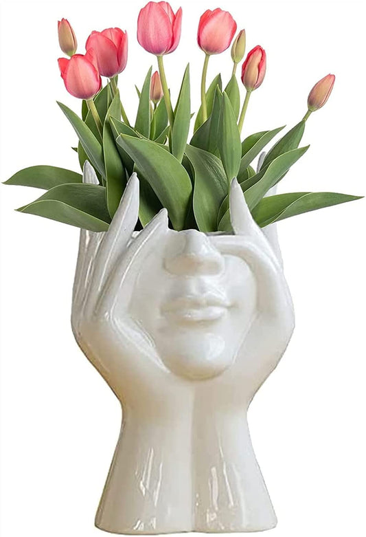 Human Form Body Flower Vase Art Face Ceramic Sculpture Flower Plant Pot Table Centerpieces Wedding Office Kitchen Home Decor (Hand Holding Face)
