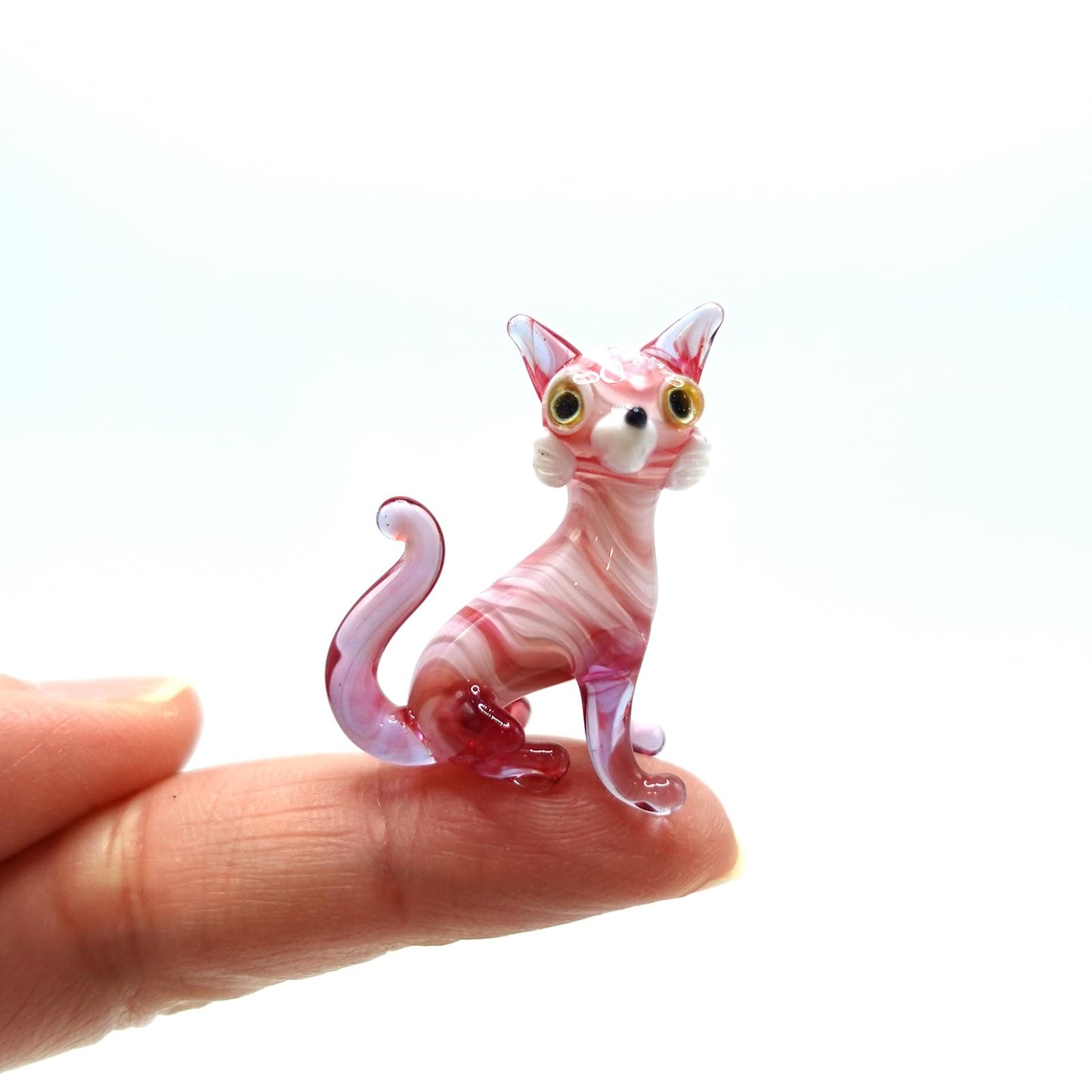 Sansukjai Tiny Cat Miniature Glass Figurine – Handmade Blown Glass Animal – Cute Collectible Cat Sculpture – Fairy Garden Pet Décor Gift (Pink)