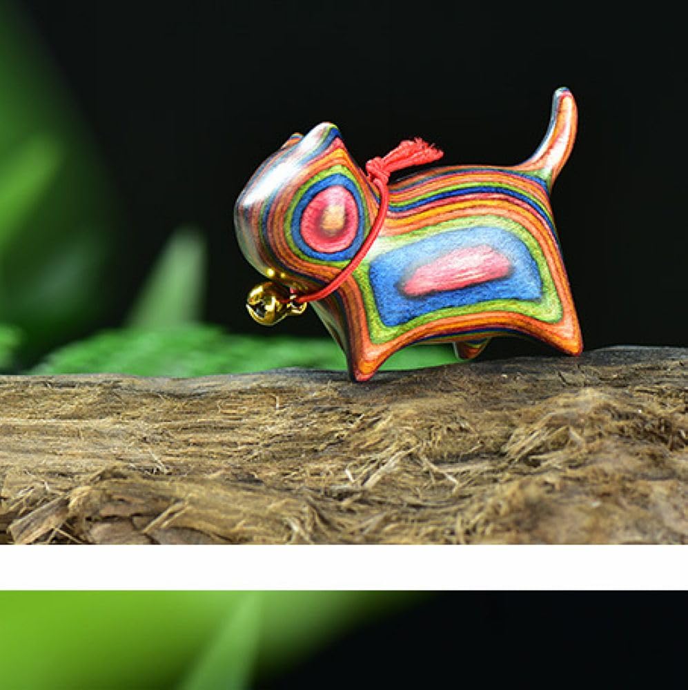 HLbshi Handmade Rainbow Wooden cat Figurine Wood Animal Statue Desk Home Decor 1.5'' (Eyeless)
