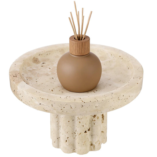 Travertine Tray with Base, 7.3" Round Vanity Decorative Organizer with Base, Countertop Pedestal Tray, Catchall Dish for Jewelry, Perfume, Candles, Vintage Table Organizer