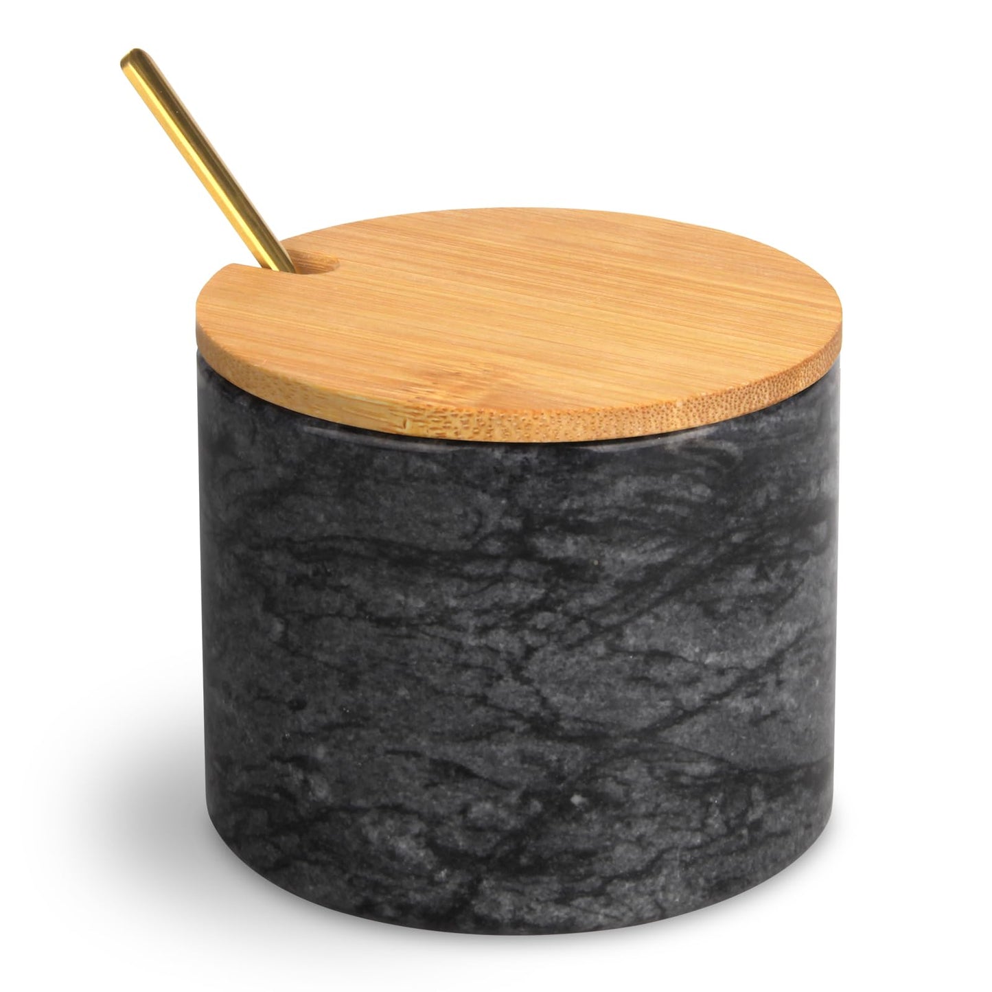 HESHIBI Marble Salt Cellar Box with Bamboo Lid & Metal Spoon, Modern Stone Salt or Pepper Sugar Spice Seasoning Bowl Container Jar Holder Well Keeper Dish Pig Crock for Kitchen (Dark Grey)