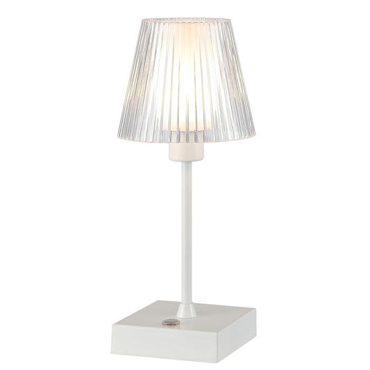 JONATHAN Y 12.5" White Cordless Portable Rechargeable LED Lamp, with Clear Ribbed Acrylic Shade, Touch Dimmable Modern Industrial Mini Accent Lamp for Bar Vanity (JYL7225B)