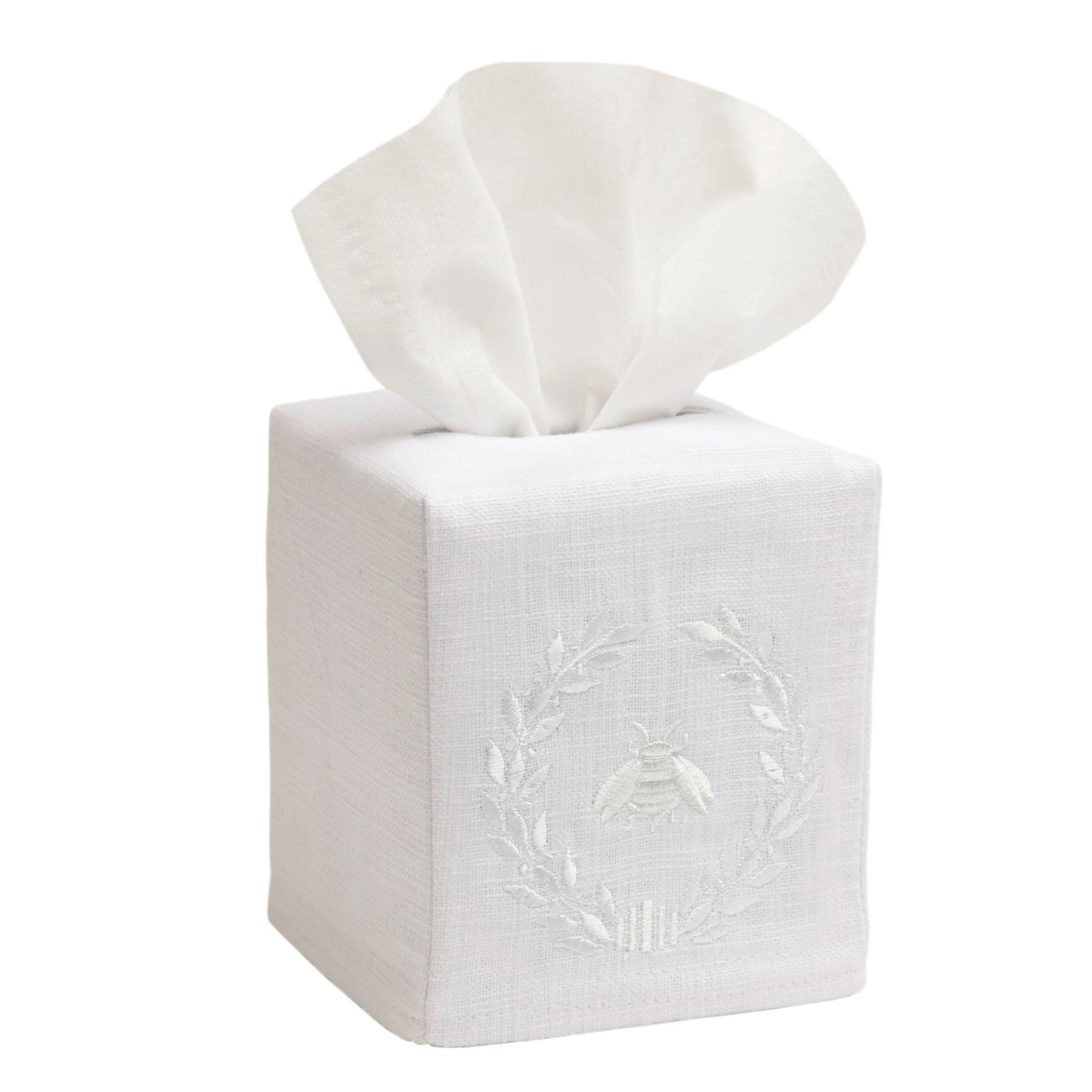 Jacaranda Living Square Tissue Box Cover, Linen/Cotton Fabric Tissue Holder, Decorative Cloth Tissue Cube Cover, Embroidered Bee Designs, Napoleon Bee Wreath (White)