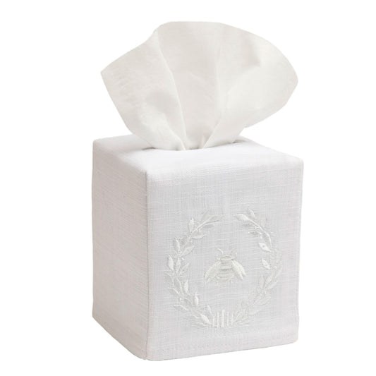 Jacaranda Living Square Tissue Box Cover, Linen/Cotton Fabric Tissue Holder, Decorative Cloth Tissue Cube Cover, Embroidered Bee Designs, Napoleon Bee Wreath (White)