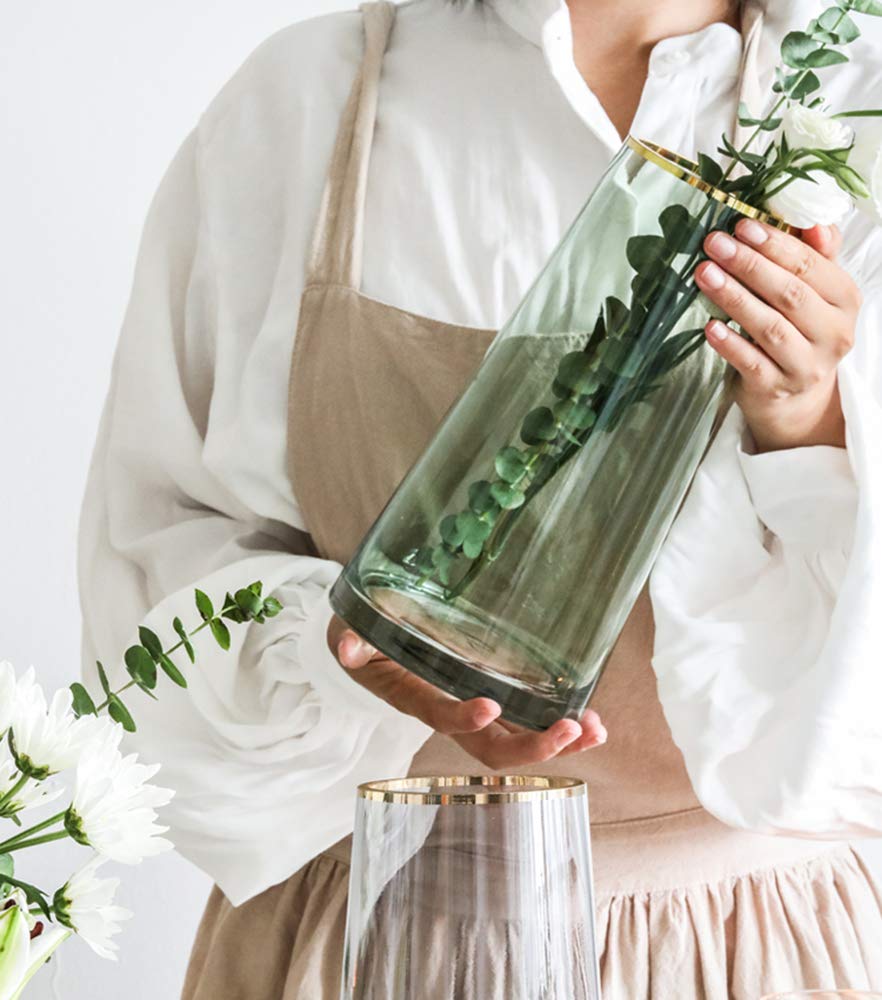 FUNSOBA Green Glass Flower Vase with Gold Mouth for Centerpieces Home Wedding Decoration (1, Small)