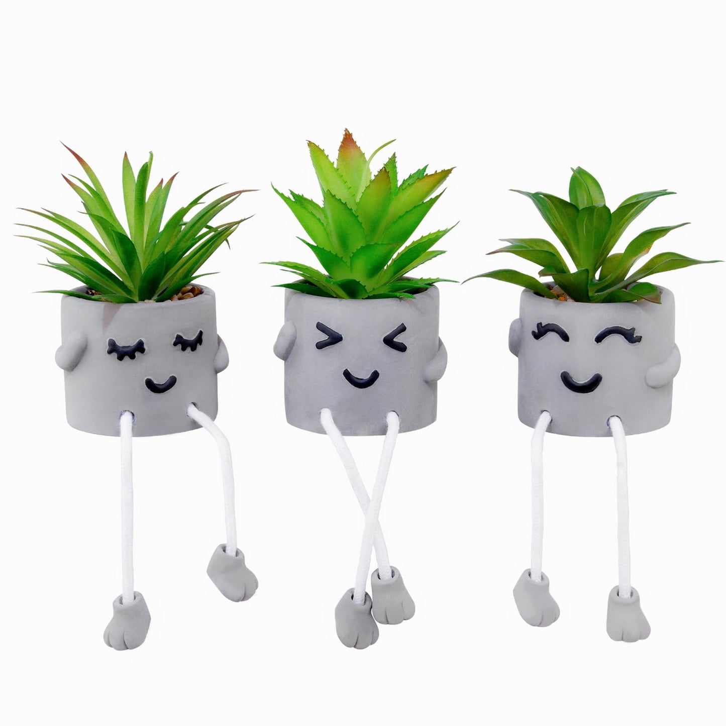 LUZOGA Creative Artificial Succulent Plants with Gray Pots Mini Potted Succulents Cute Fake Plants Succulents with Hanging Leg & Emotional Cement for Home Office Desk Decor and Gift Choice