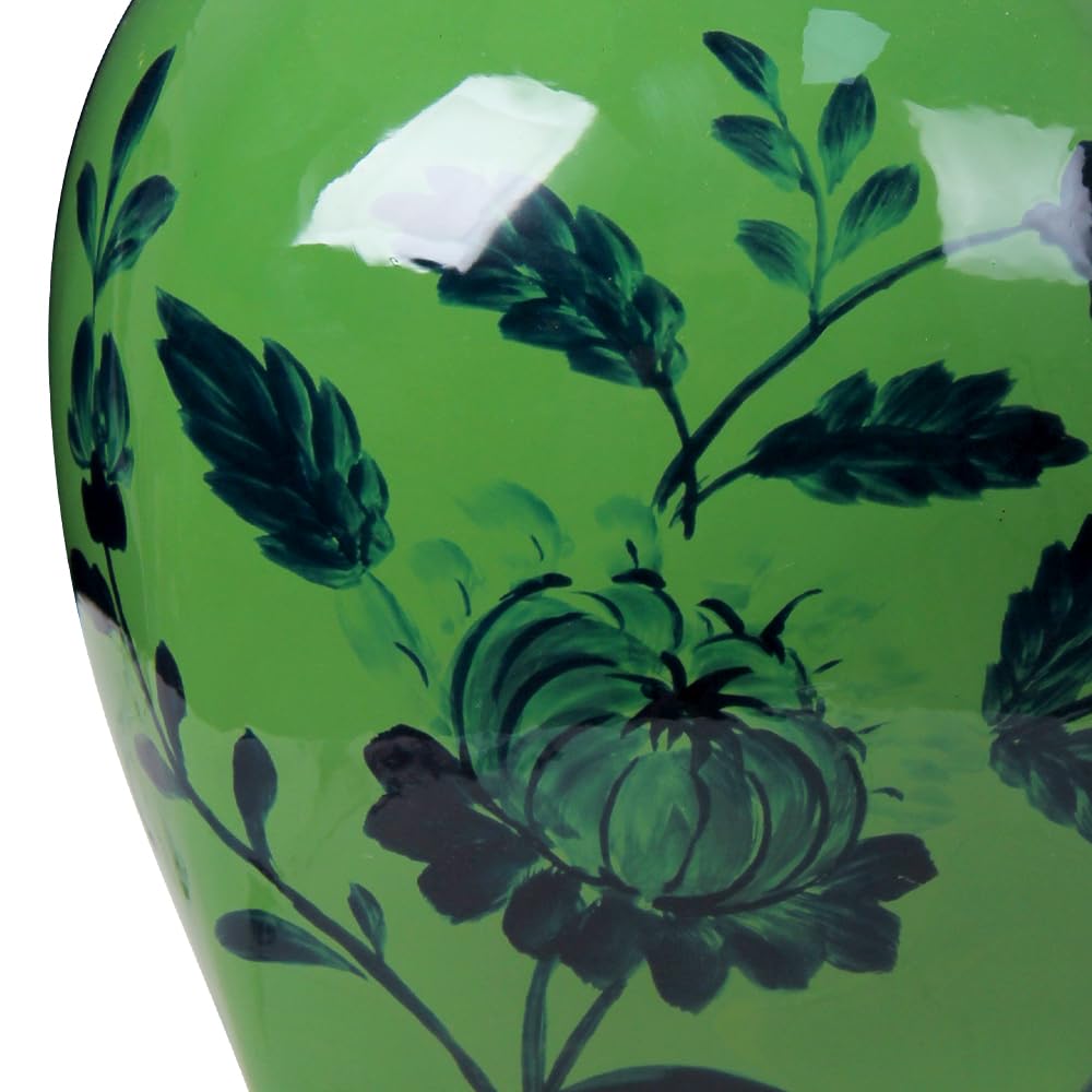 Andaliz Green Floral Ceramic Vase with Black Pattern, Hand-Painted Oriental Vase for Home Decor, 9.4 Inch Table Centerpiece, Modern Chinoiserie Vase