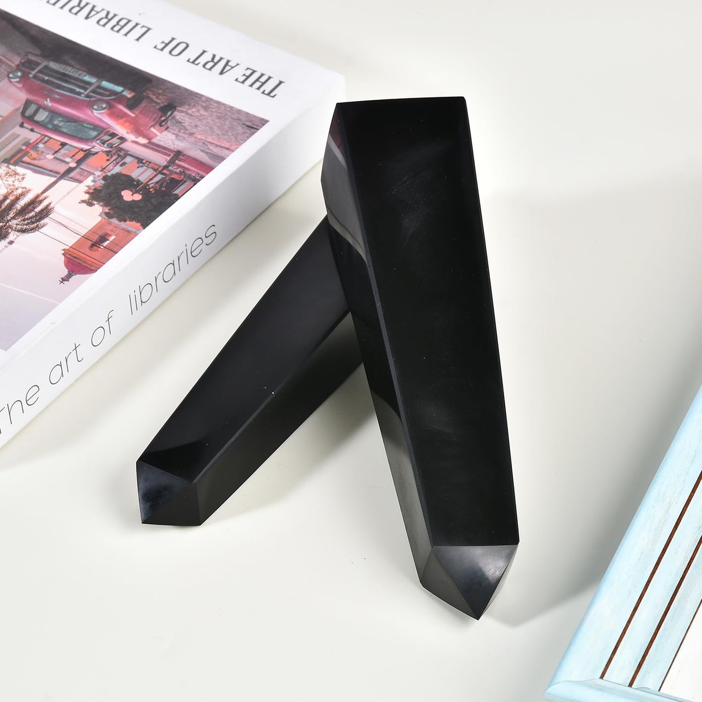 JIC Gem Black Obsidian Large Healing Crystals Wand 4 Faceted Crystal Point Obelisk Gemstone Natural Reiki Energy Stone for Meditation Crystal Grid Decoration 1.1-1.7 Lbs