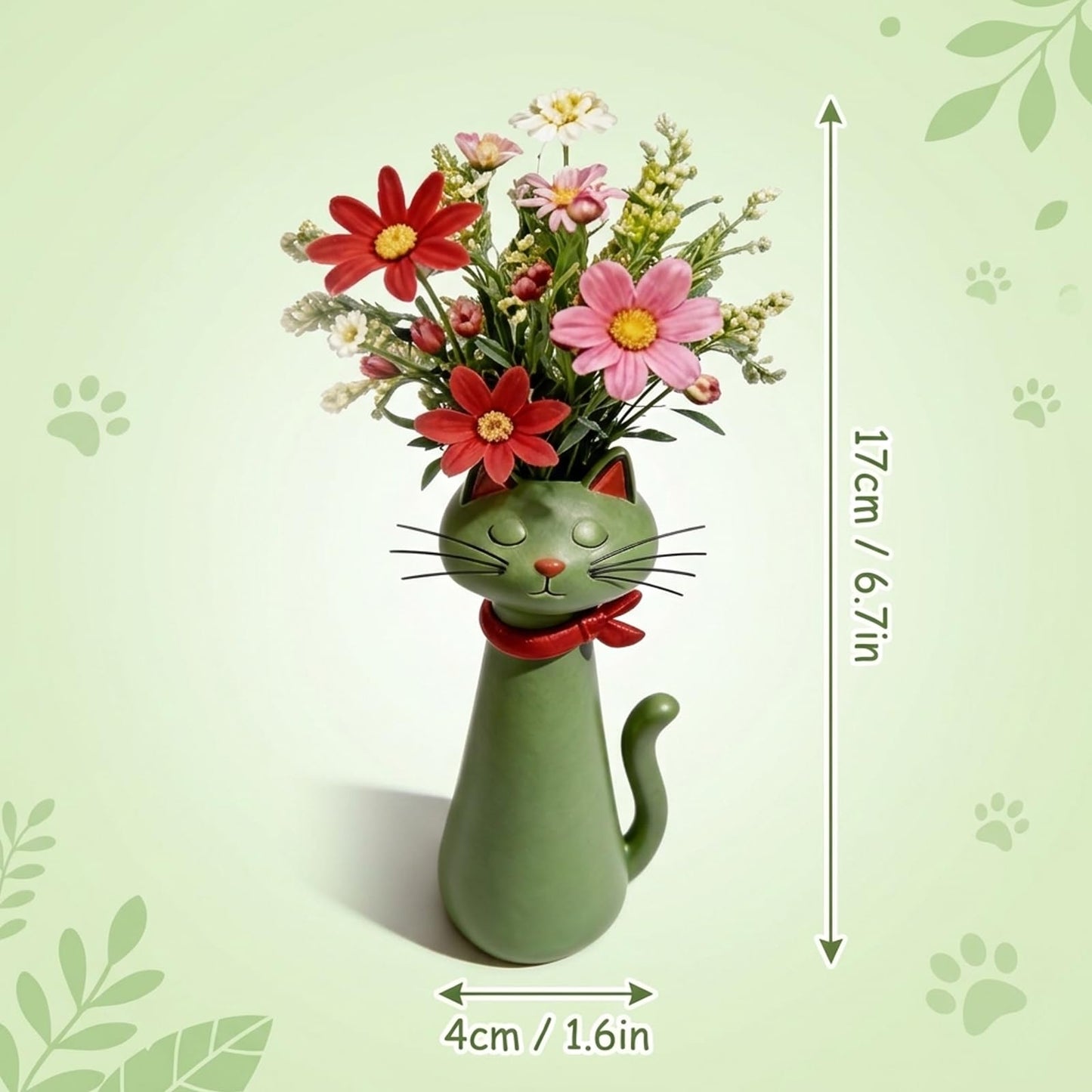 Quirky Cat Vase, Funny Cat Paw Vase for Desk and Shelf Decor, Unique Flower Vase for Small Bouquets, Whimsical Cat Planter in Green
