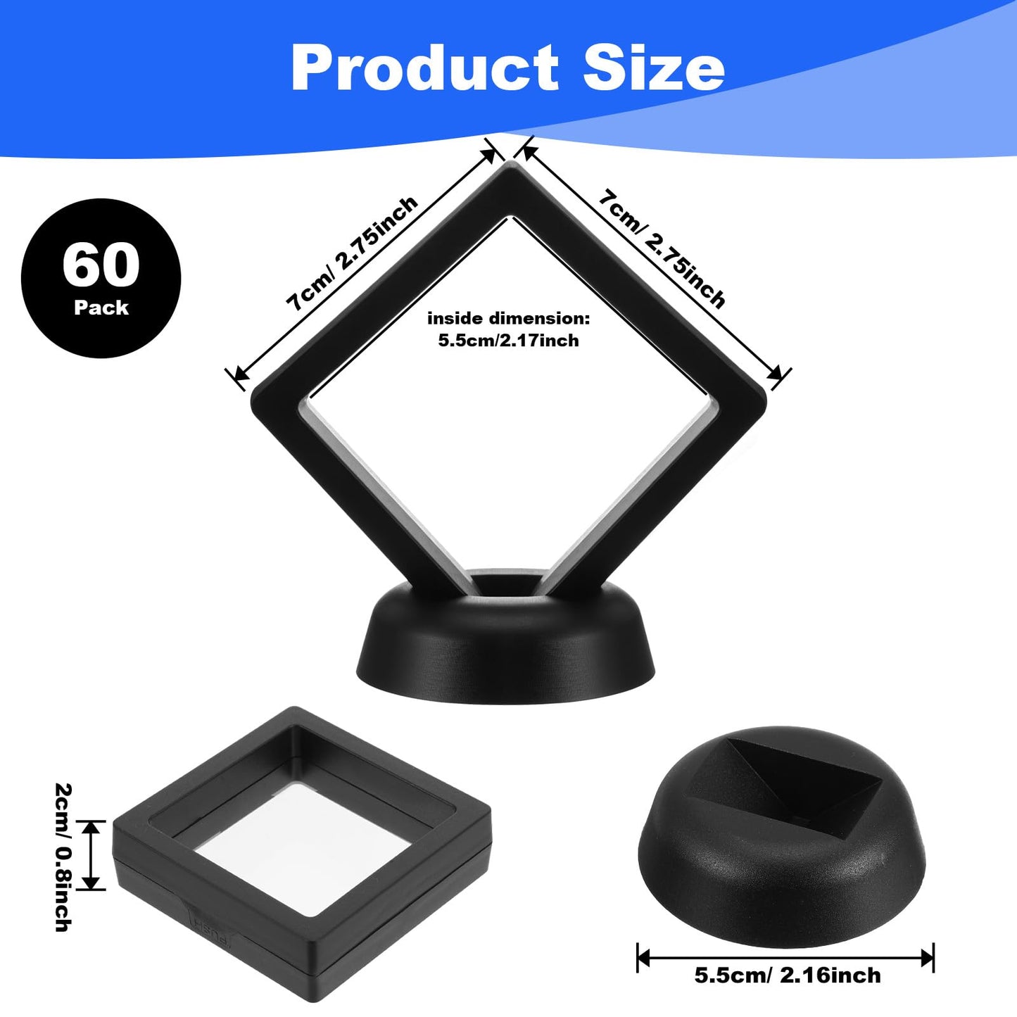 60 Pcs 3D Floating Display Case PE Film Jewelry Storage Box Coins Display Frame Holder Stands for Antique Challenge Coins, Medallion Shells Gems Rocks Pins (Black,2.76 Inch)