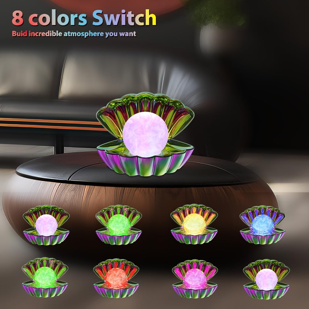 LKUA Shell Pearl Beach Themed Night Light, RGB 8 Colors Changing Mood Shell Pearl Lamps, Bedside LED Clamshell Portable Night Lights for Bar (Electroplating Colorful)